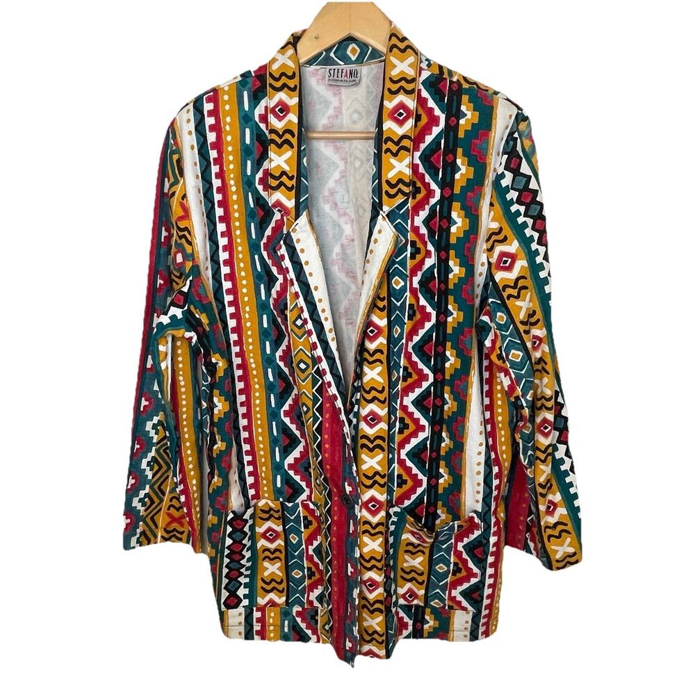 VTG 80s Stefano Jean Denim Jacket Southwestern African Caribbean Print Sz Med